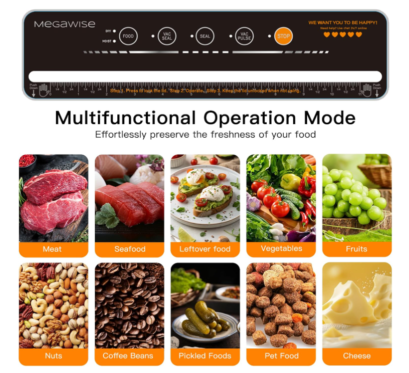 MEGAWISE Vacuum Sealer Machine, Dry & Moist Modes with Built-in Bag Cutter