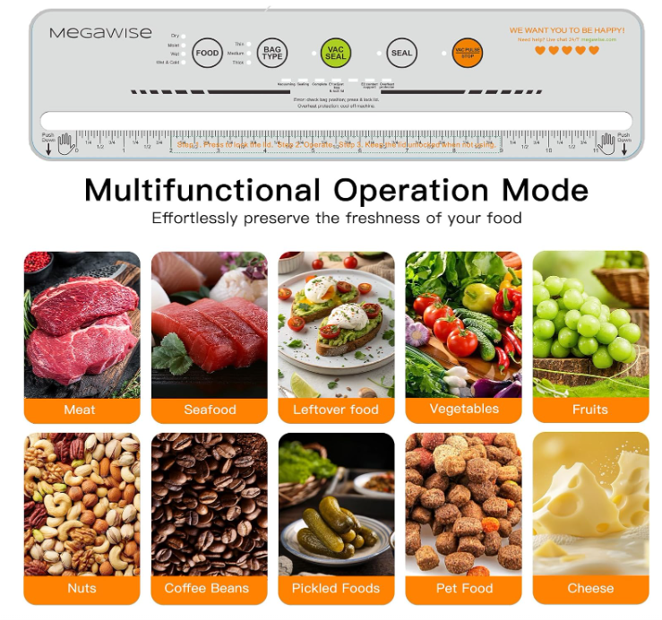 MegaWise Vacuum Sealer Machine, 80kPa Food Sealer with One-Touch Vacuum & Seal, Built-in Cutter and Bags, 4 Food Modes for Food Storage, Meal Prep, Meat, Seafood and Vegetables