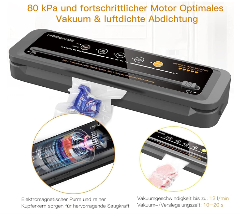 MEGAWISE Vacuum Sealer Machine, 80kPa Food Sealer with Cutter