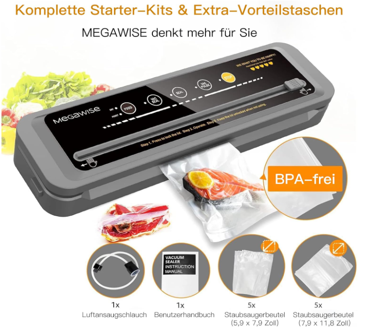 MEGAWISE Vacuum Sealer Machine, 80kPa Food Sealer with Cutter