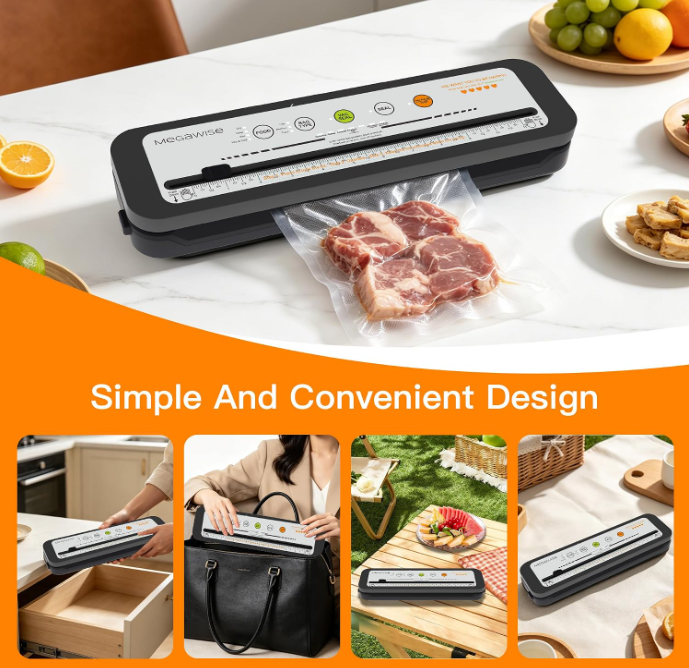 MegaWise Vacuum Sealer Machine, 80kPa Food Sealer with One-Touch Vacuum & Seal, Built-in Cutter and Bags, 4 Food Modes for Food Storage, Meal Prep, Meat, Seafood and Vegetables