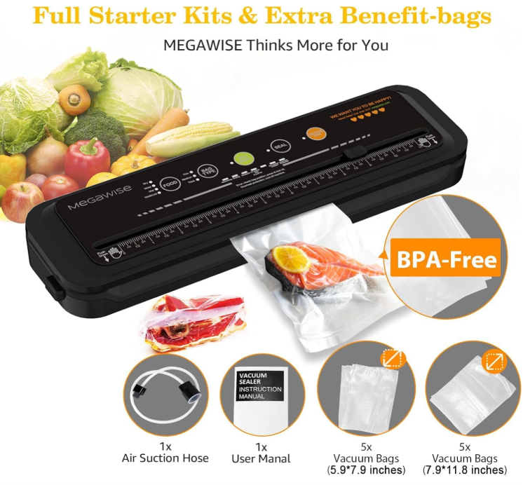 MEGAWISE 80kPa Food Vacuum Sealer with Built-In Cutter