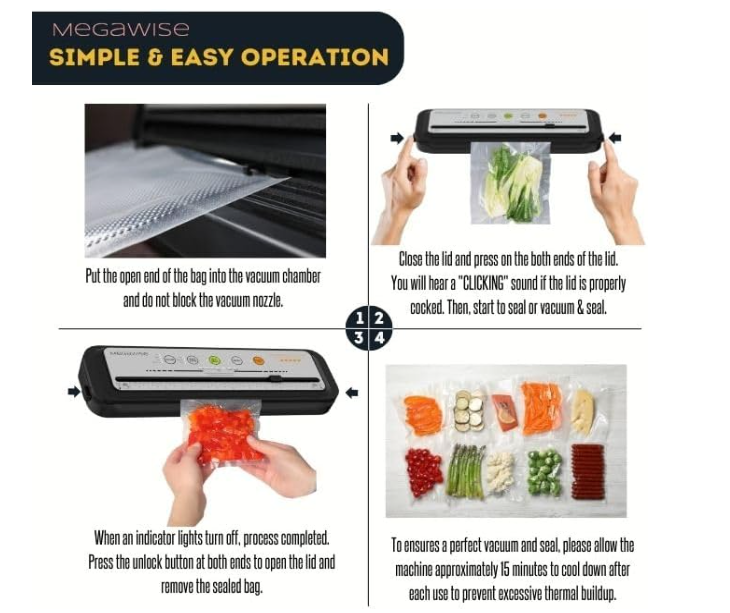 MegaWise Vacuum Sealer Machine, 80kPa Powerful Suction, One-Touch Automatic Food Sealer with Built-in Cutter & Bags Included, Dry Moist Modes for All Saving needs