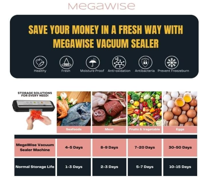 MegaWise Vacuum Sealer Machine, 80kPa Powerful Suction, One-Touch Automatic Food Sealer with Built-in Cutter & Bags Included, Dry Moist Modes for All Saving needs