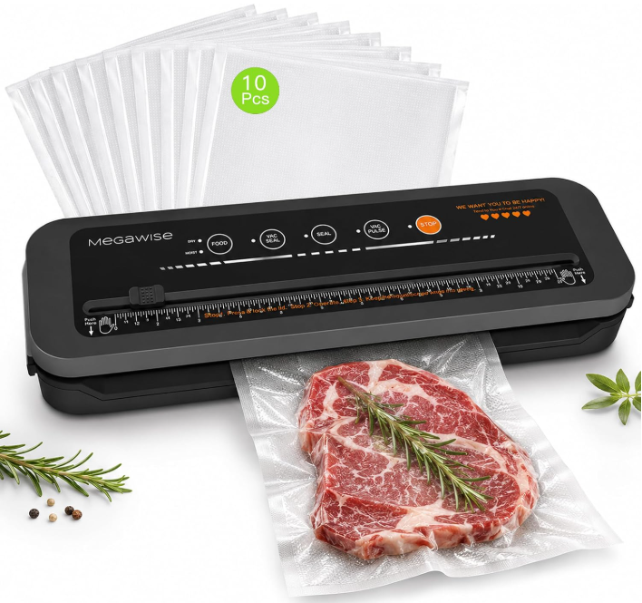 MEGAWISE Vacuum Sealer Machine, 80kPa, Built-In Cutter, Dry/Moist