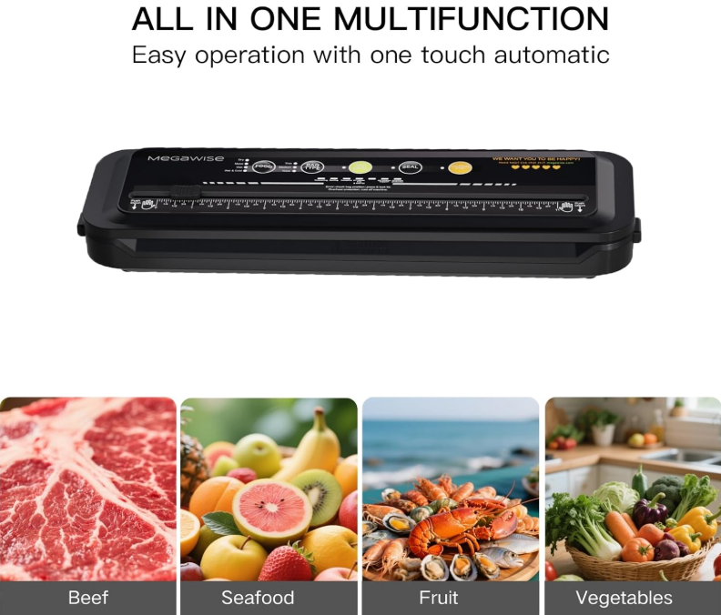MEGAWISE Vacuum Sealer Machine, 80kPa, Built-In Cutter, Dry/Moist