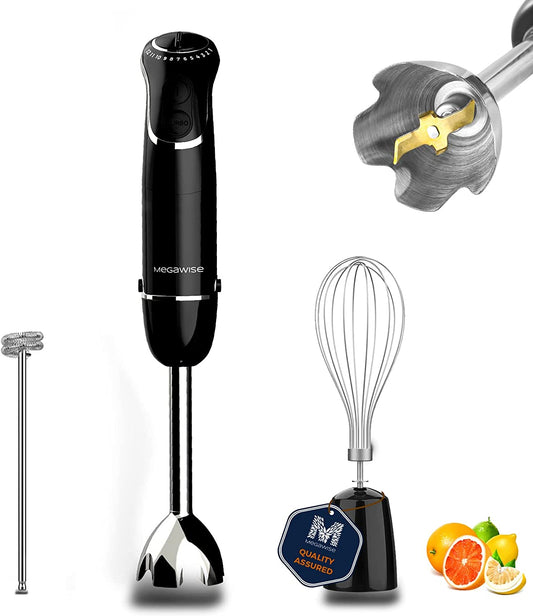 MegaWise Pro Titanium Reinforced 3-in-1 Immersion Hand Blender, Powerful 1000W with 80% Sharper Blades, 12-Speed Corded Blender, IncludingWhisk and Milk Frother (3-in 1 Black)