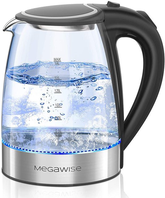 MEGAWISE 1500W Electric Kettle: 1.8L Borosilicate Glass Tea Kettle with LED Light, Auto Shut-Off, Boil-Dry Protection, Fast Boiling and Durable Design