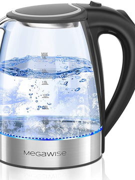 MEGAWISE 1.8L Electric Glass Kettle, 1000W Fast Boiling BPA-Free Kettle with Auto Shut-Off & Boil-Dry Protection, Borosilicate Glass & Food-Grade Stainless Steel