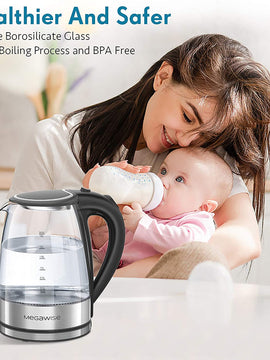 MEGAWISE 1.8L Electric Glass Kettle, 1000W Fast Boiling BPA-Free Kettle with Auto Shut-Off & Boil-Dry Protection, Borosilicate Glass & Food-Grade Stainless Steel