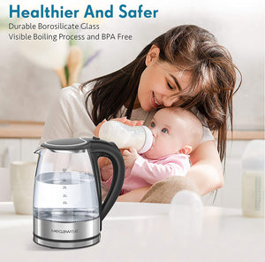 MEGAWISE 1500W Electric Kettle: 1.8L Borosilicate Glass Tea Kettle with LED Light, Auto Shut-Off, Boil-Dry Protection, Fast Boiling and Durable Design