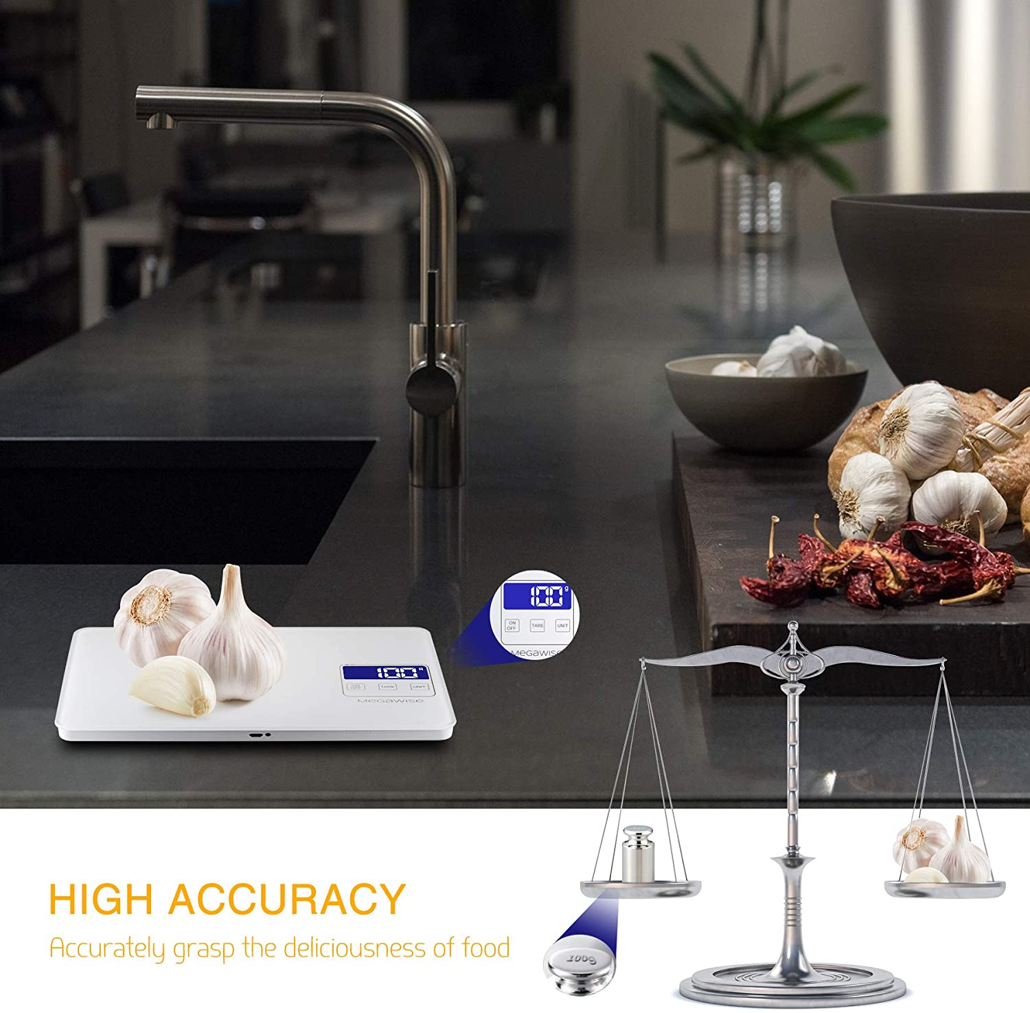 MegaWise Premium Kitchen Scale, 33lb Capacity, Waterproof Tempered Glass, Rechargeable Digital Food Scale, 1g/0.04oz Precise Graduation, 5 Units Conversion, Tare Function