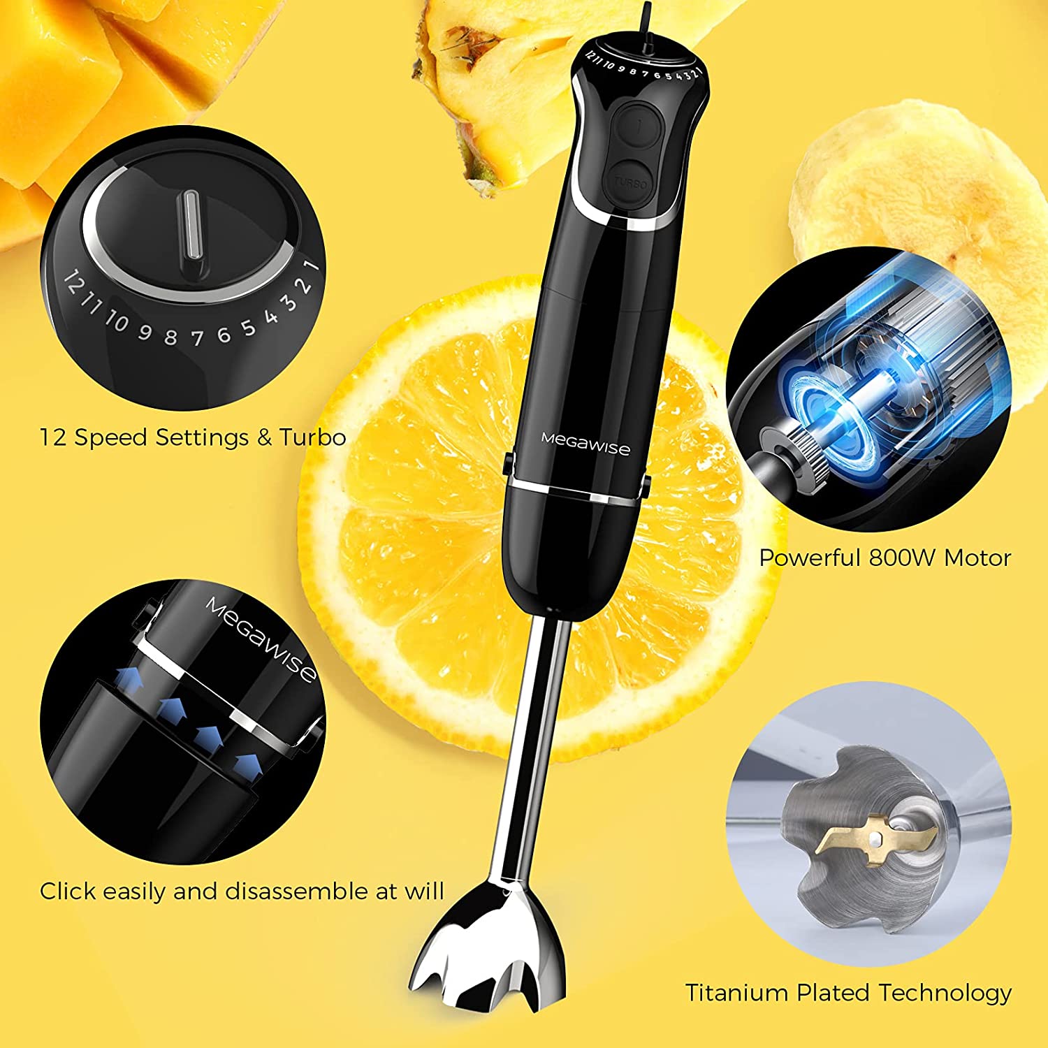 MegaWise Pro Titanium Reinforced 3-in-1 Immersion Hand Blender, Powerful 1000W with 80% Sharper Blades, 12-Speed Corded Blender, IncludingWhisk and Milk Frother (3-in 1 Black)