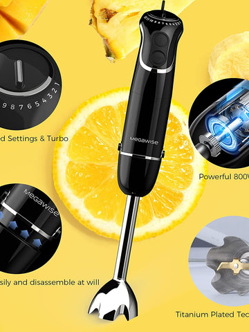 MegaWise Pro Titanium Reinforced 3-in-1 Immersion Hand Blender, Powerful 1000W with 80% Sharper Blades, 12-Speed Corded Blender, IncludingWhisk and Milk Frother (3-in 1 Black)