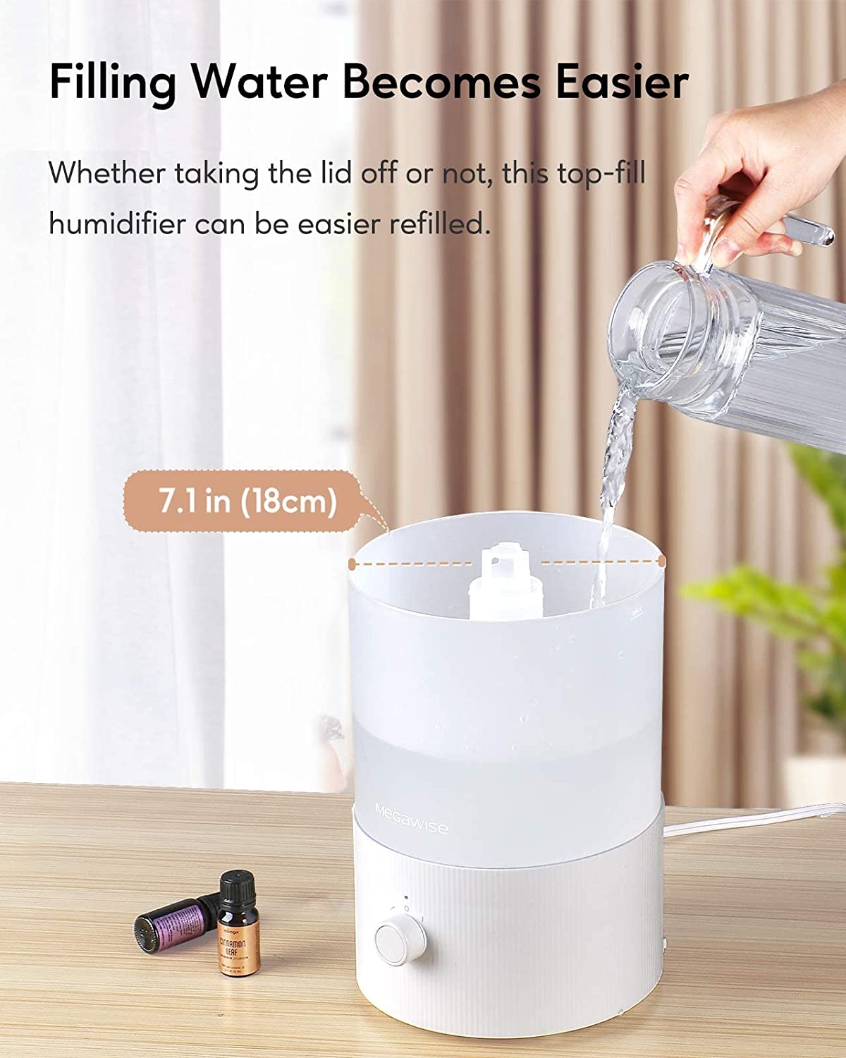MegaWise Healthy Top-Refill Cool Mist Humidifiers for Bedroom, 24dB Ul ...