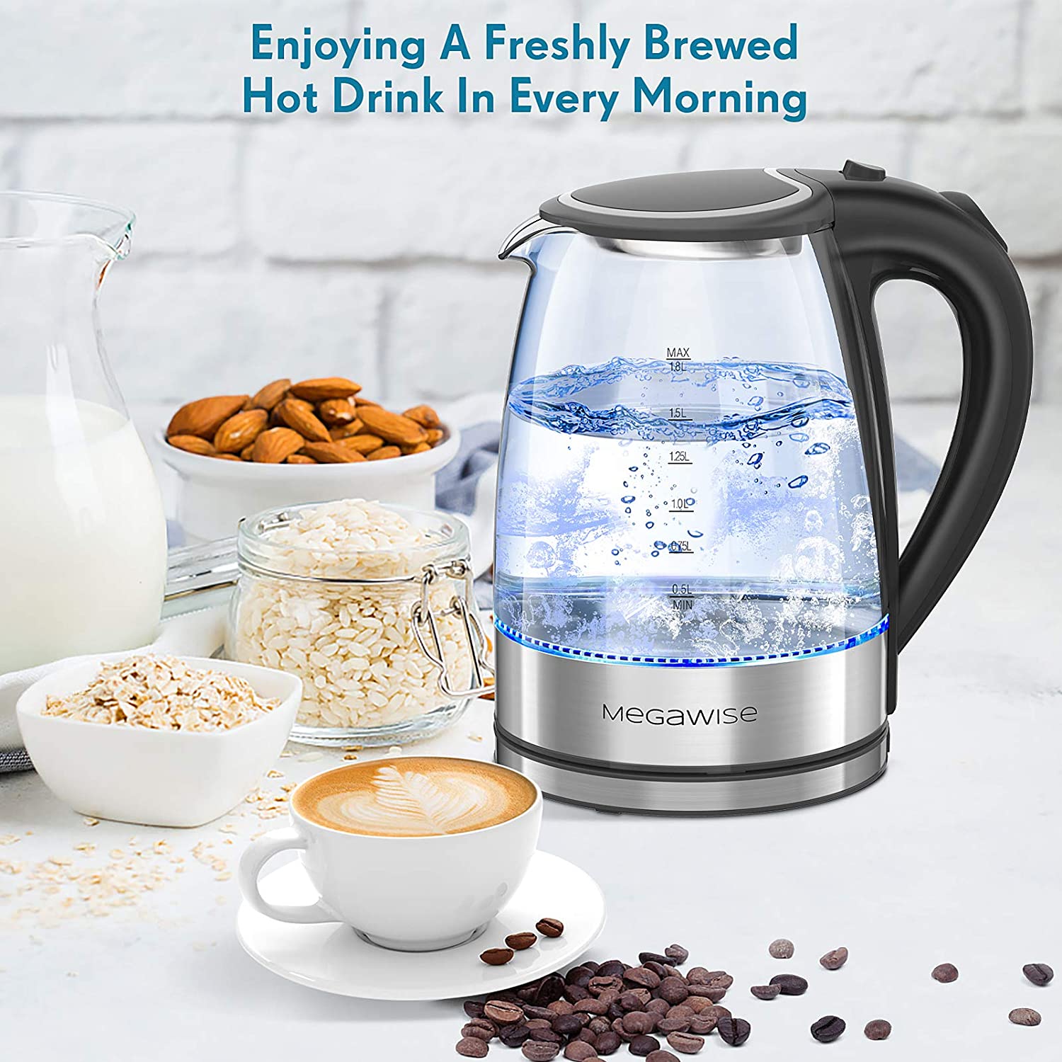 MEGAWISE 1500W Electric Kettle: 1.8L Borosilicate Glass Tea Kettle with LED Light, Auto Shut-Off, Boil-Dry Protection, Fast Boiling and Durable Design