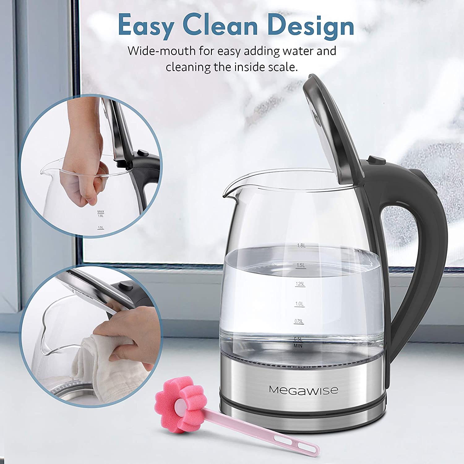 MEGAWISE 1500W Electric Kettle: 1.8L Borosilicate Glass Tea Kettle with LED Light, Auto Shut-Off, Boil-Dry Protection, Fast Boiling and Durable Design
