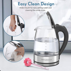 MEGAWISE 1500W Electric Kettle: 1.8L Borosilicate Glass Tea Kettle with LED Light, Auto Shut-Off, Boil-Dry Protection, Fast Boiling and Durable Design