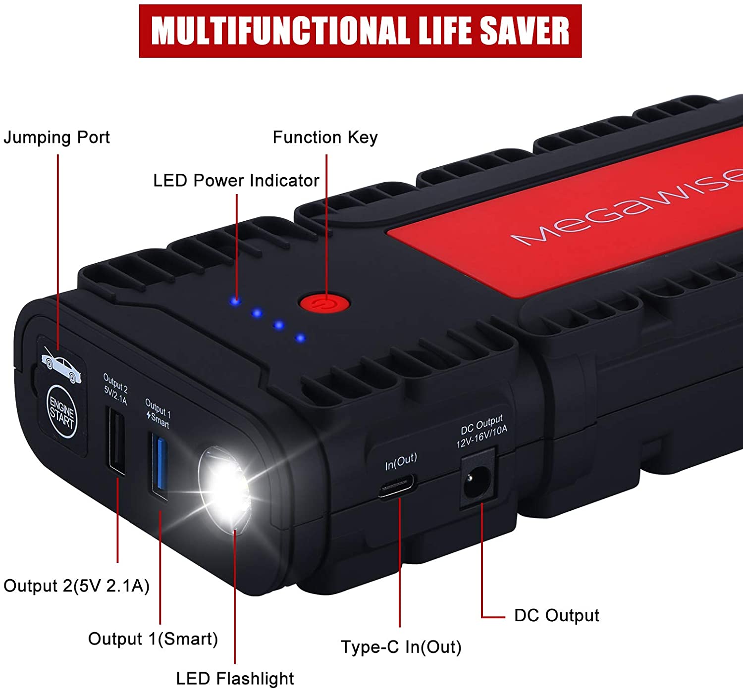 MEGAWISE 2500A Peak 21800mAh Car Jump Starter, Portable Power Pack for Up to 8.0L Gas & 6.5L Diesel Engines, with LCD Display, Type-C Fast Charging & Multi-Mode LED Flashlight
