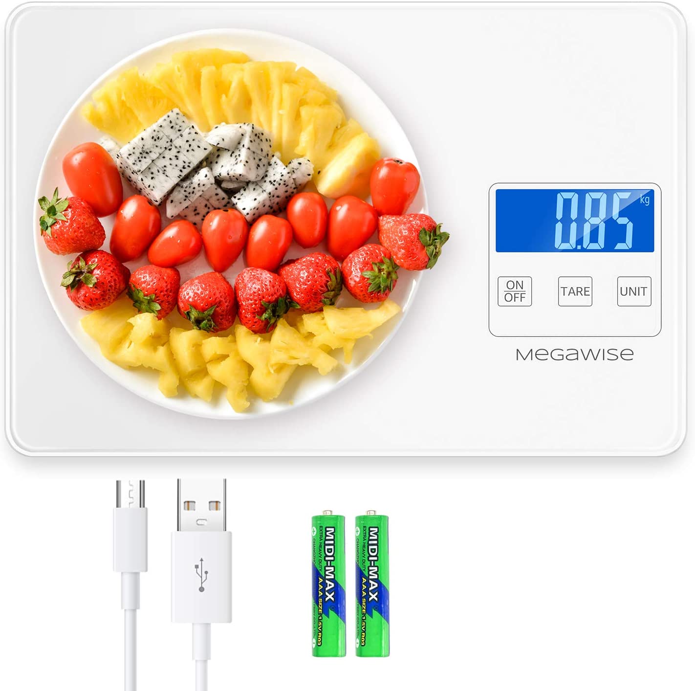 MegaWise Premium Kitchen Scale, 33lb Capacity, Waterproof Tempered Glass, Rechargeable Digital Food Scale, 1g/0.04oz Precise Graduation, 5 Units Conversion, Tare Function