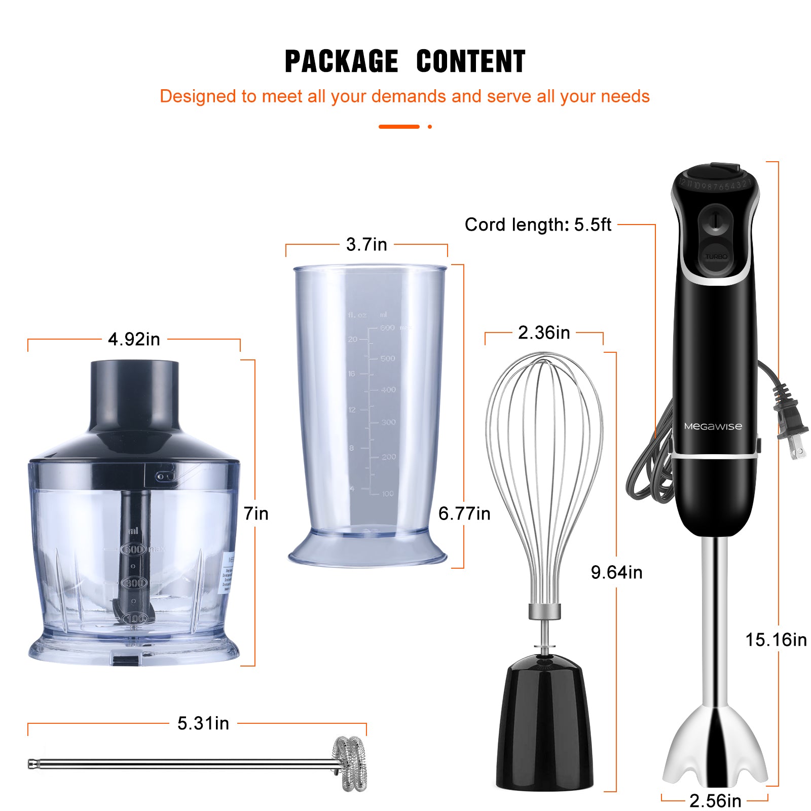 MEGAWISE 3-in-1 Immersion Hand Blender: Powerful 800W, 12-Speed Stick Blender with Sturdy Titanium-Plated Stainless-Steel Blades