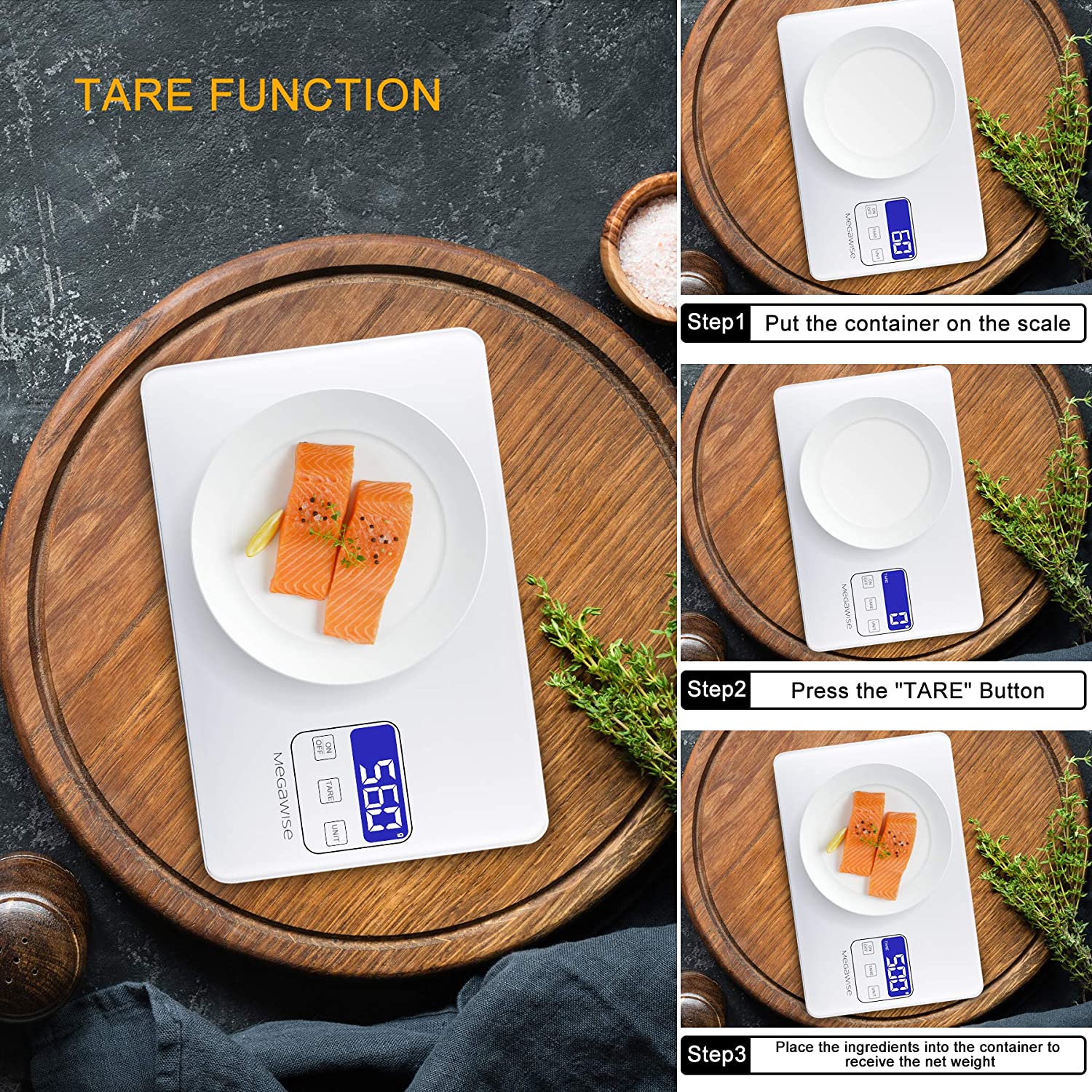 MegaWise Premium Kitchen Scale, 33lb Capacity, Waterproof Tempered Glass, Rechargeable Digital Food Scale, 1g/0.04oz Precise Graduation, 5 Units Conversion, Tare Function